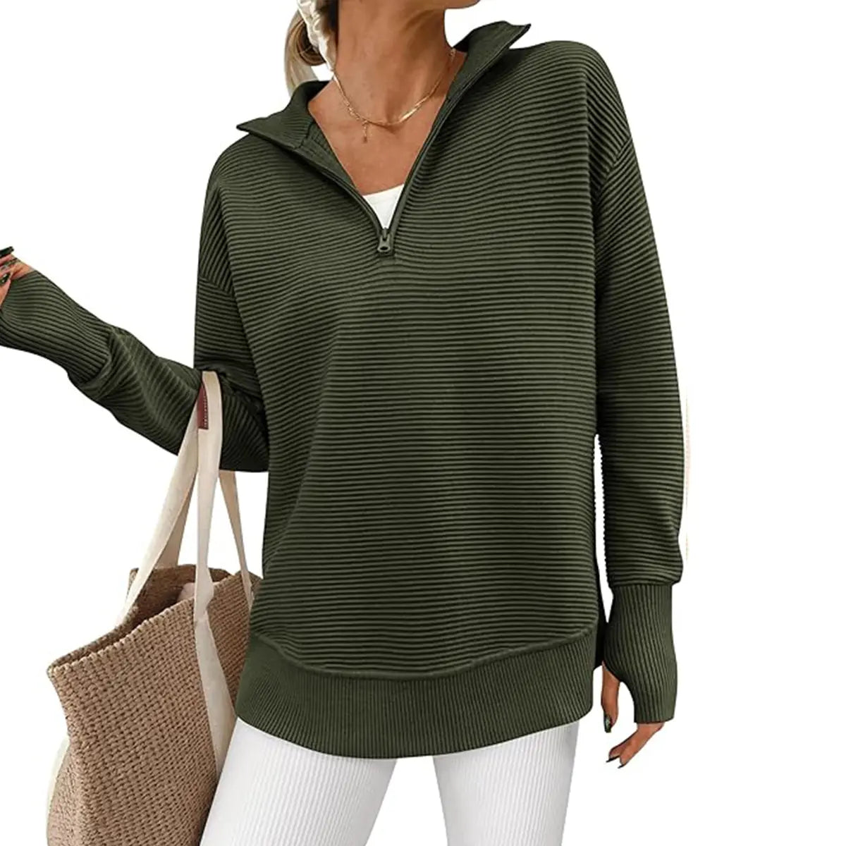 Women's Quarter Zip Pullover Sweater Long Sleeve Collared V Neck Ribbed Knit Top Loose Casual Jumper with Thumb Holes