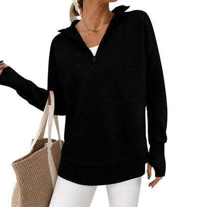Women's Quarter Zip Pullover Sweater Long Sleeve Collared V Neck Ribbed Knit Top Loose Casual Jumper with Thumb Holes