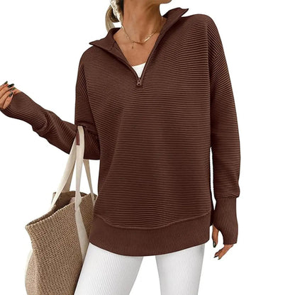 Women's Quarter Zip Pullover Sweater Long Sleeve Collared V Neck Ribbed Knit Top Loose Casual Jumper with Thumb Holes
