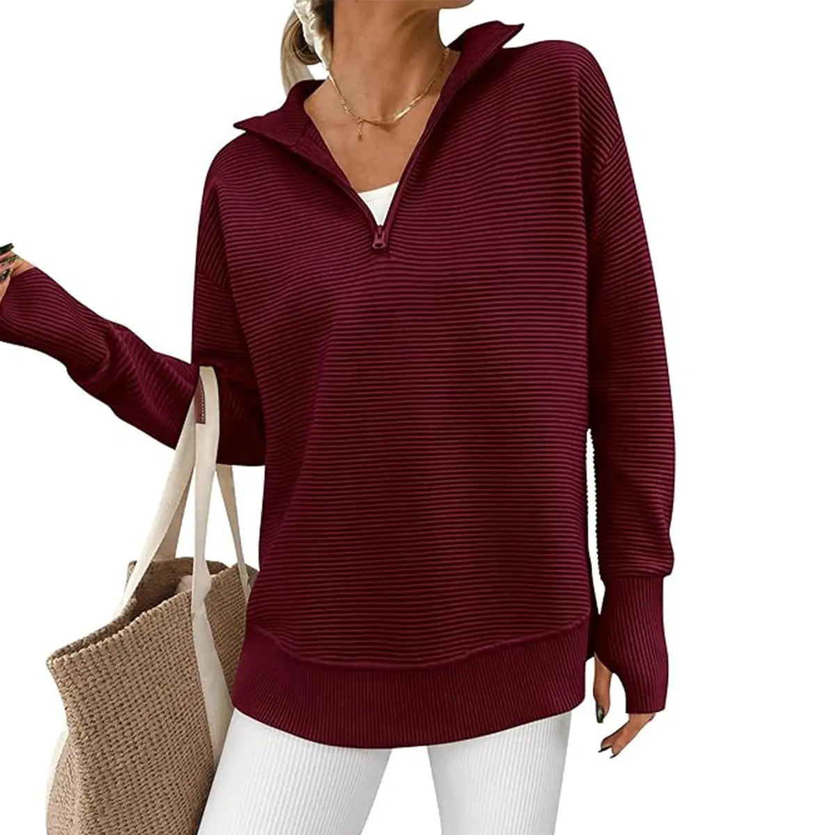 Women's Quarter Zip Pullover Sweater Long Sleeve Collared V Neck Ribbed Knit Top Loose Casual Jumper with Thumb Holes