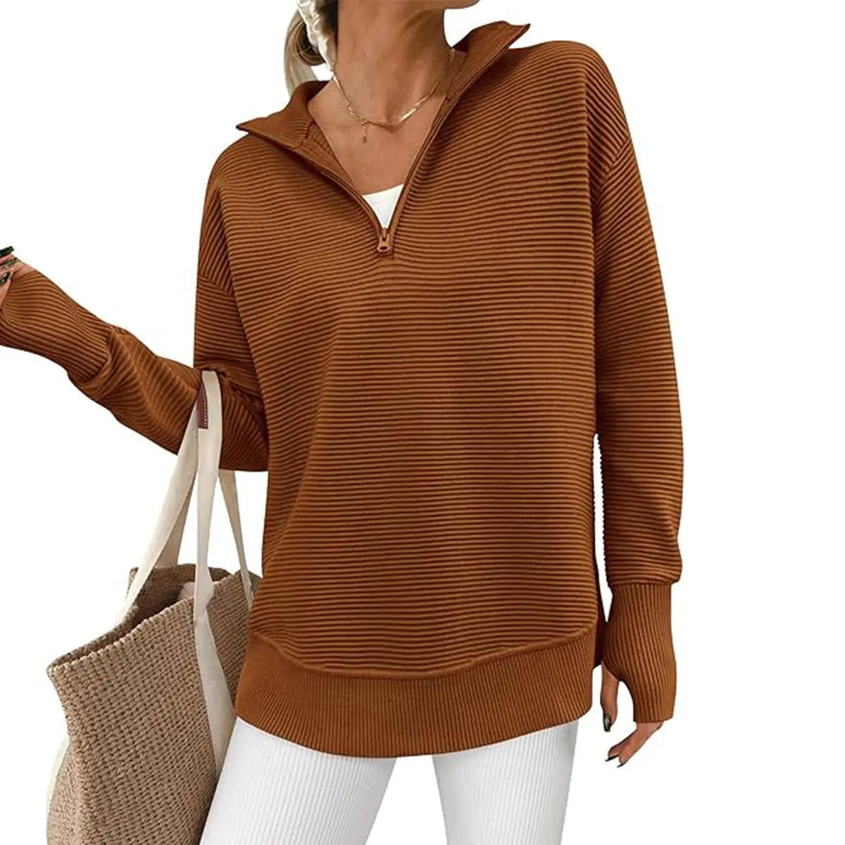 Women's Quarter Zip Pullover Sweater Long Sleeve Collared V Neck Ribbed Knit Top Loose Casual Jumper with Thumb Holes