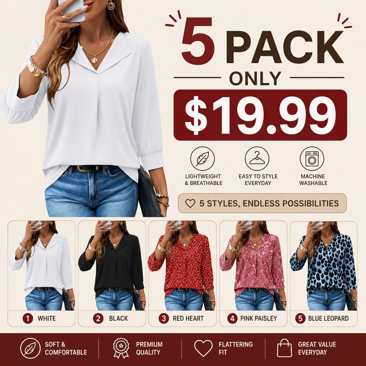 3/4 Length Sleeve Womens Tops Dressy Casual Blouses