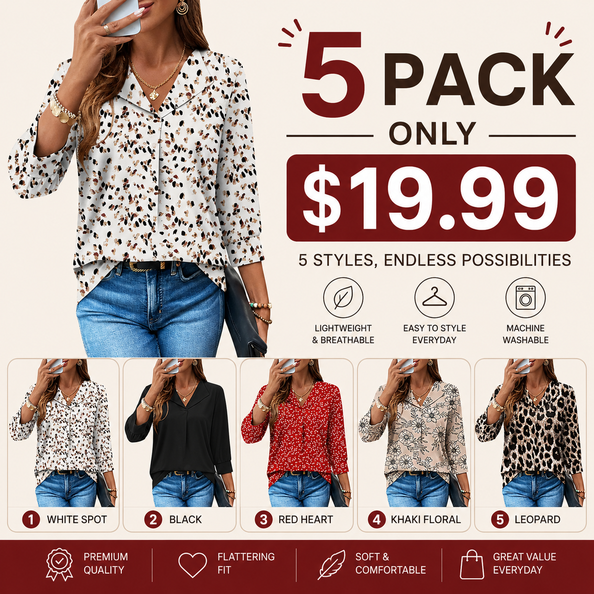 3/4 Length Sleeve Womens Tops Dressy Casual Blouses