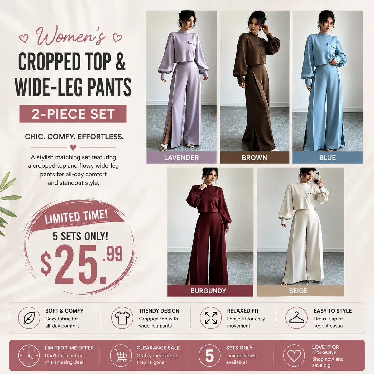 ✨ Limited-Time Offer | Women's Cropped Top & Wide-Leg Pants Set