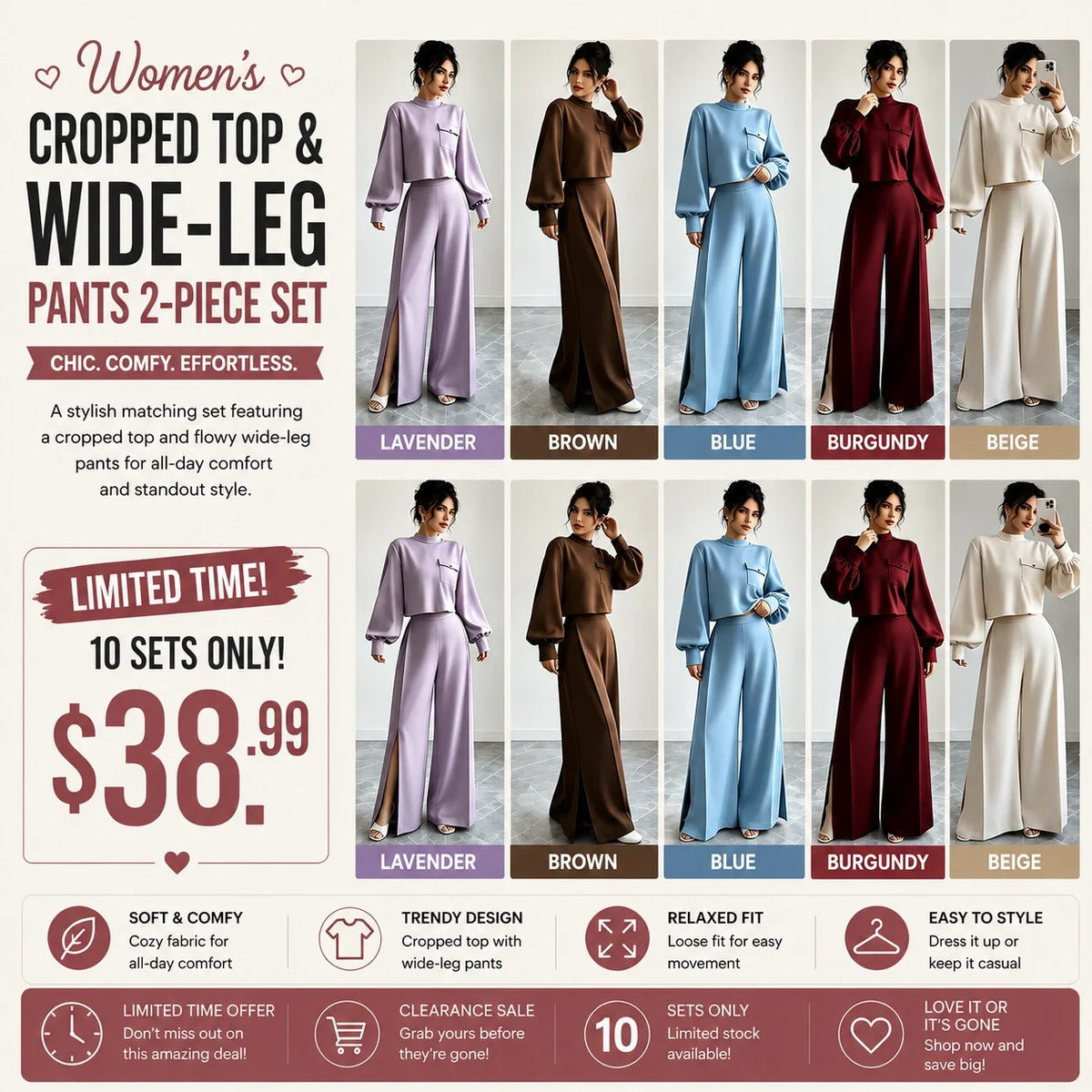 ✨ Limited-Time Offer | Women's Cropped Top & Wide-Leg Pants Set