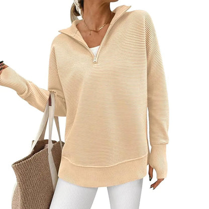 Women's Quarter Zip Pullover Sweater Long Sleeve Collared V Neck Ribbed Knit Top Loose Casual Jumper with Thumb Holes