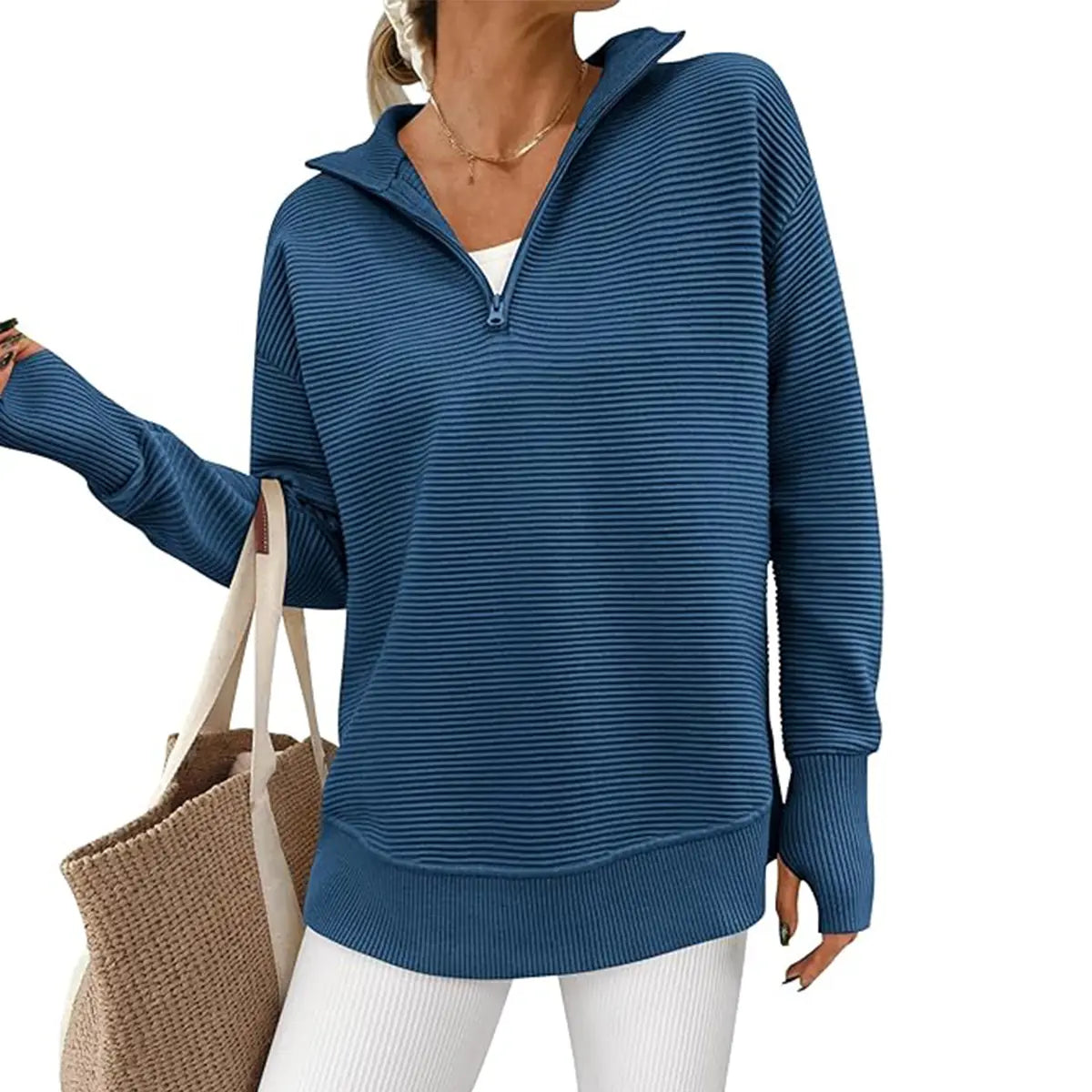 Women's Quarter Zip Pullover Sweater Long Sleeve Collared V Neck Ribbed Knit Top Loose Casual Jumper with Thumb Holes