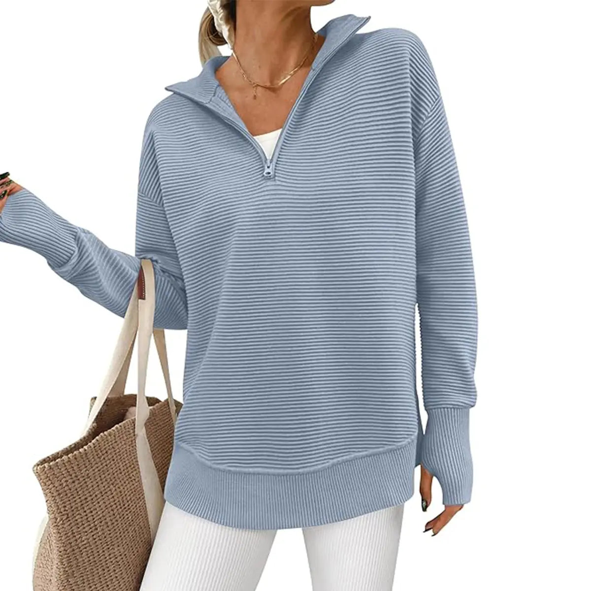 Women's Quarter Zip Pullover Sweater Long Sleeve Collared V Neck Ribbed Knit Top Loose Casual Jumper with Thumb Holes