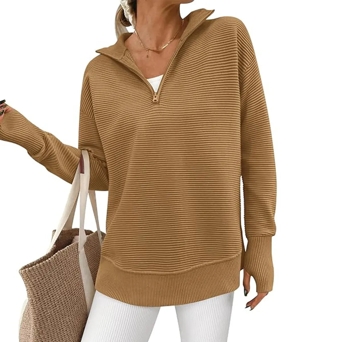 Women's Quarter Zip Pullover Sweater Long Sleeve Collared V Neck Ribbed Knit Top Loose Casual Jumper with Thumb Holes