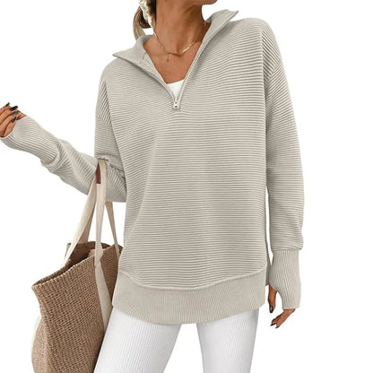 Women's Quarter Zip Pullover Sweater Long Sleeve Collared V Neck Ribbed Knit Top Loose Casual Jumper with Thumb Holes