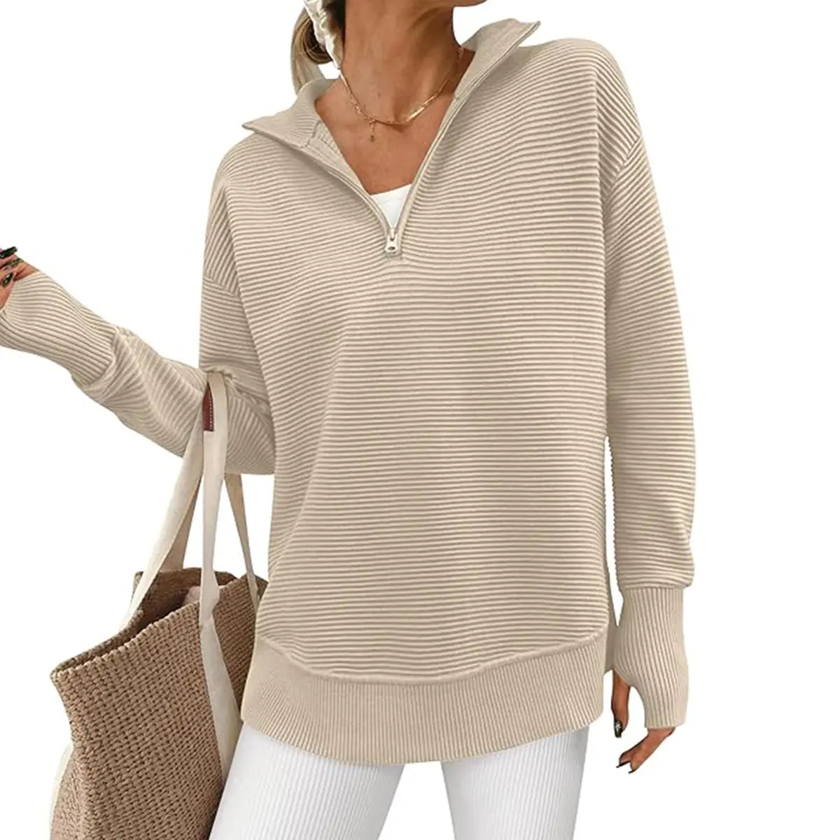 Women's Quarter Zip Pullover Sweater Long Sleeve Collared V Neck Ribbed Knit Top Loose Casual Jumper with Thumb Holes