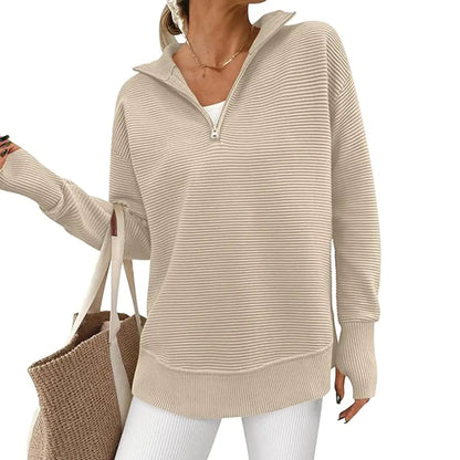 Women's Quarter Zip Pullover Sweater Long Sleeve Collared V Neck Ribbed Knit Top Loose Casual Jumper with Thumb Holes