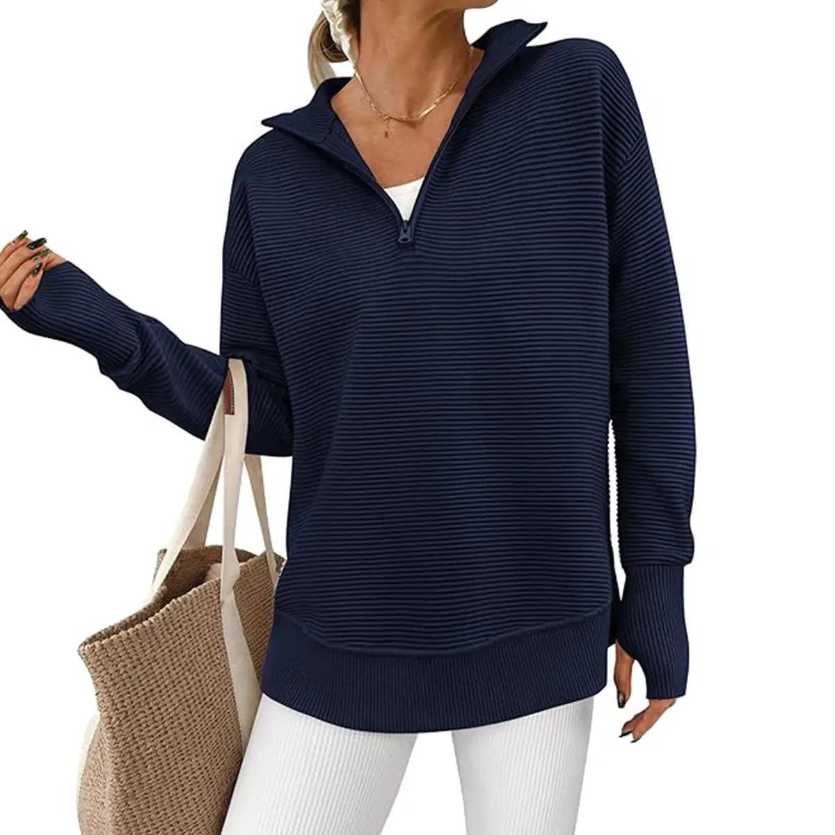 Women's Quarter Zip Pullover Sweater Long Sleeve Collared V Neck Ribbed Knit Top Loose Casual Jumper with Thumb Holes