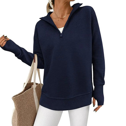 Women's Quarter Zip Pullover Sweater Long Sleeve Collared V Neck Ribbed Knit Top Loose Casual Jumper with Thumb Holes