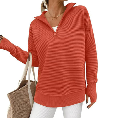 Women's Quarter Zip Pullover Sweater Long Sleeve Collared V Neck Ribbed Knit Top Loose Casual Jumper with Thumb Holes