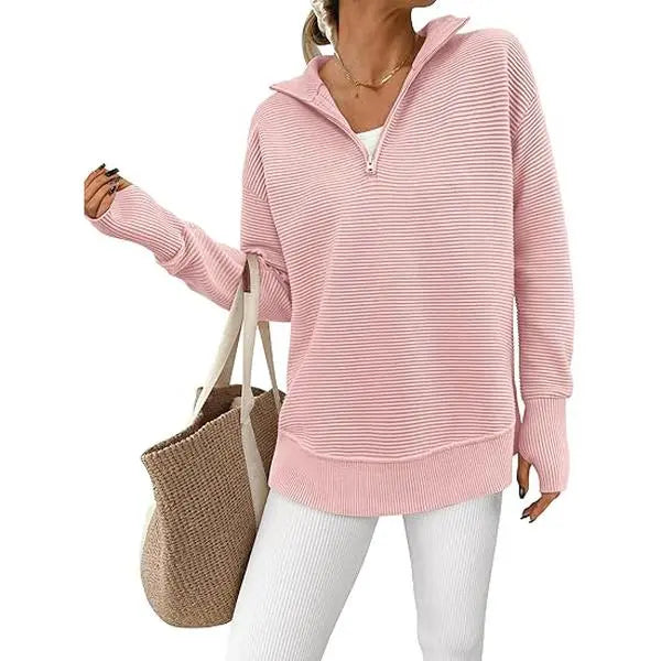 Women's Quarter Zip Pullover Sweater Long Sleeve Collared V Neck Ribbed Knit Top Loose Casual Jumper with Thumb Holes