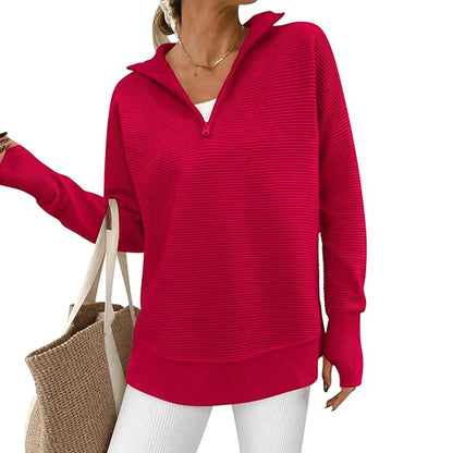 Women's Quarter Zip Pullover Sweater Long Sleeve Collared V Neck Ribbed Knit Top Loose Casual Jumper with Thumb Holes
