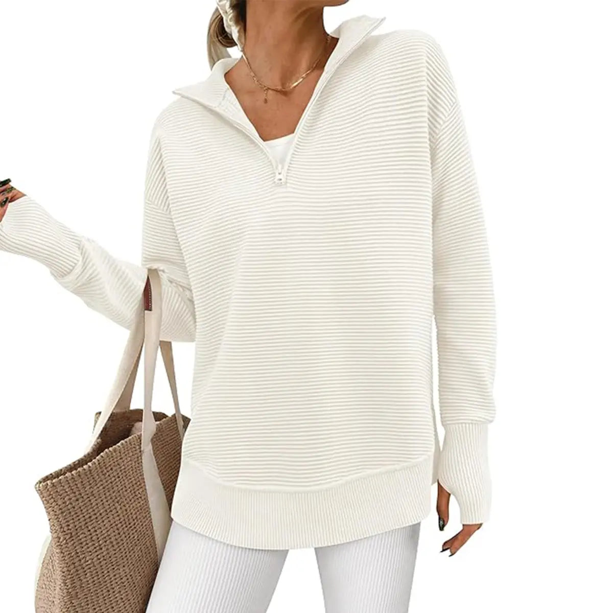Women's Quarter Zip Pullover Sweater Long Sleeve Collared V Neck Ribbed Knit Top Loose Casual Jumper with Thumb Holes