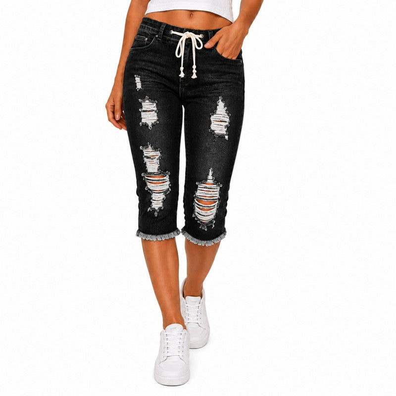 Fashion Distressed Ripped Capri Jeans Plus Size Casual High-Waisted Drawstring Waist Denim Cropped Pants + Lace cutout top