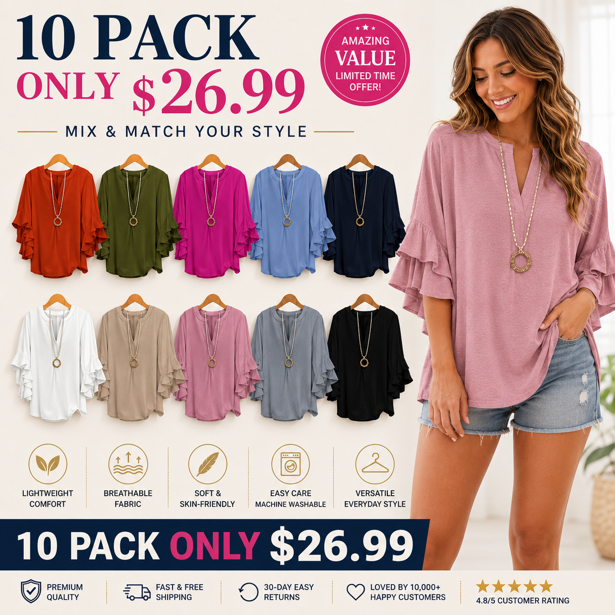 Plus Size Ruffle Sleeve V-Neck Shirt Top