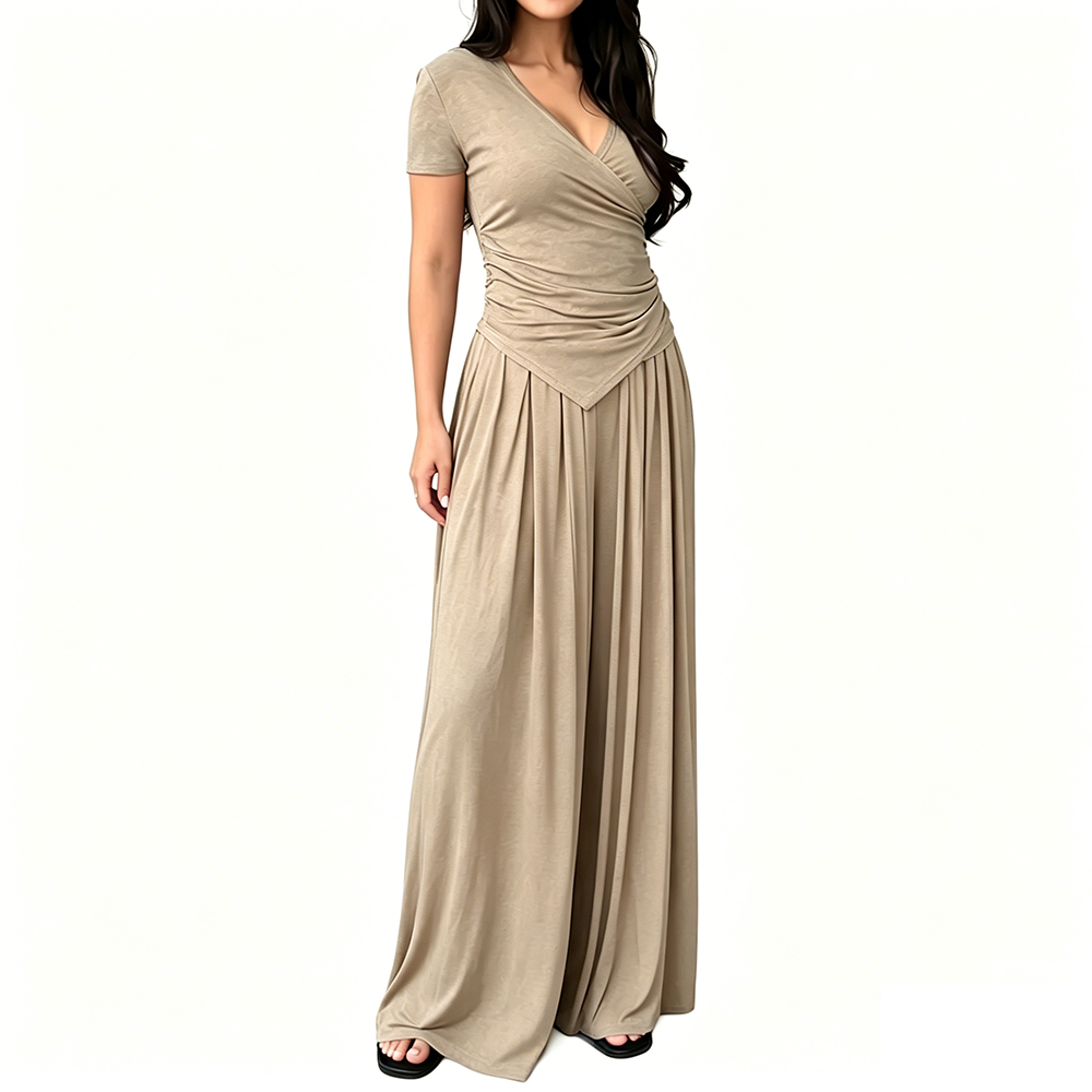 Women's 2-Piece Elegance Set - V-neck wrap top and high-waisted wide-leg trousers set