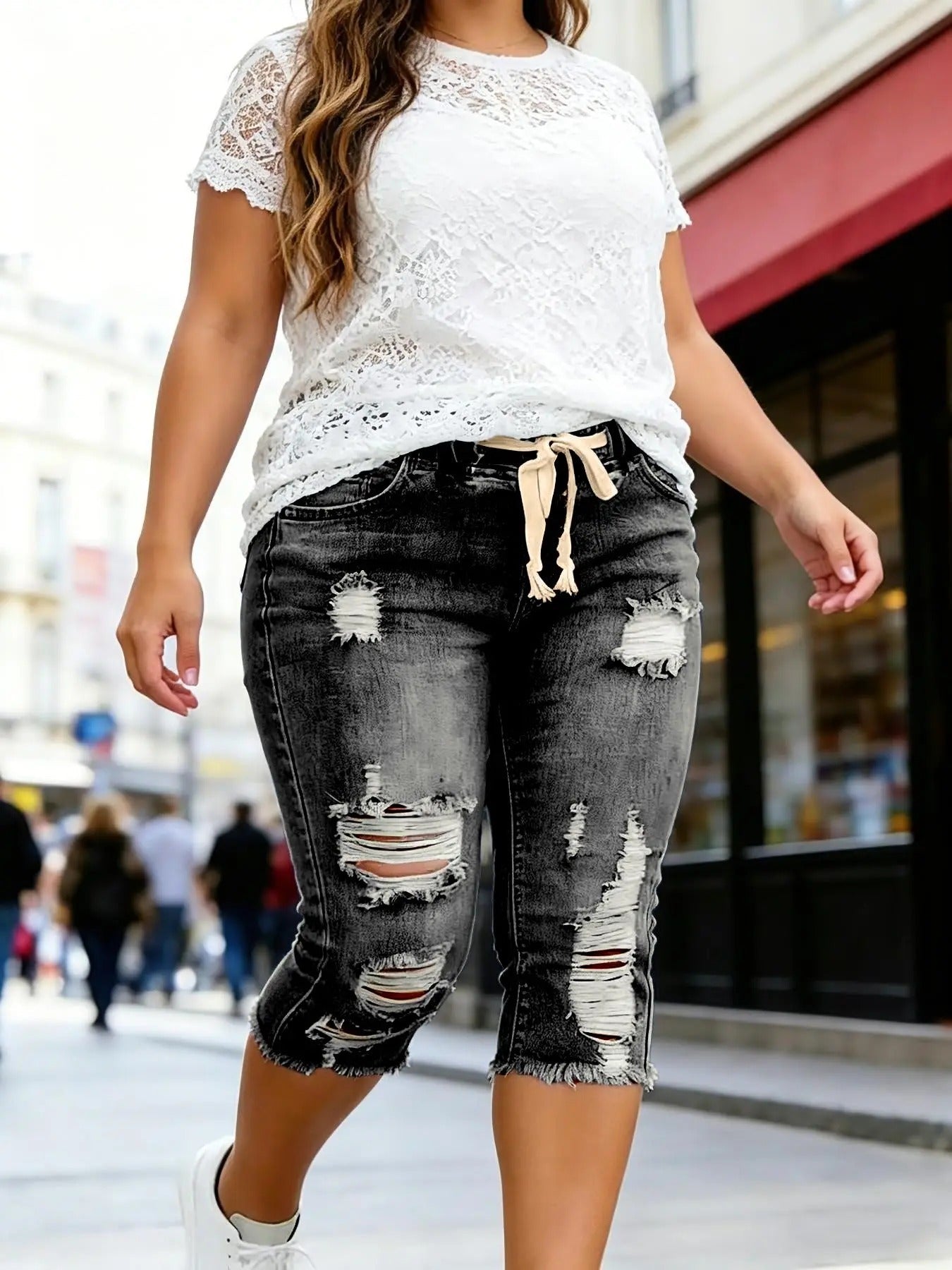 Fashion Distressed Ripped Capri Jeans Plus Size Casual High-Waisted Drawstring Waist Denim Cropped Pants + Lace cutout top