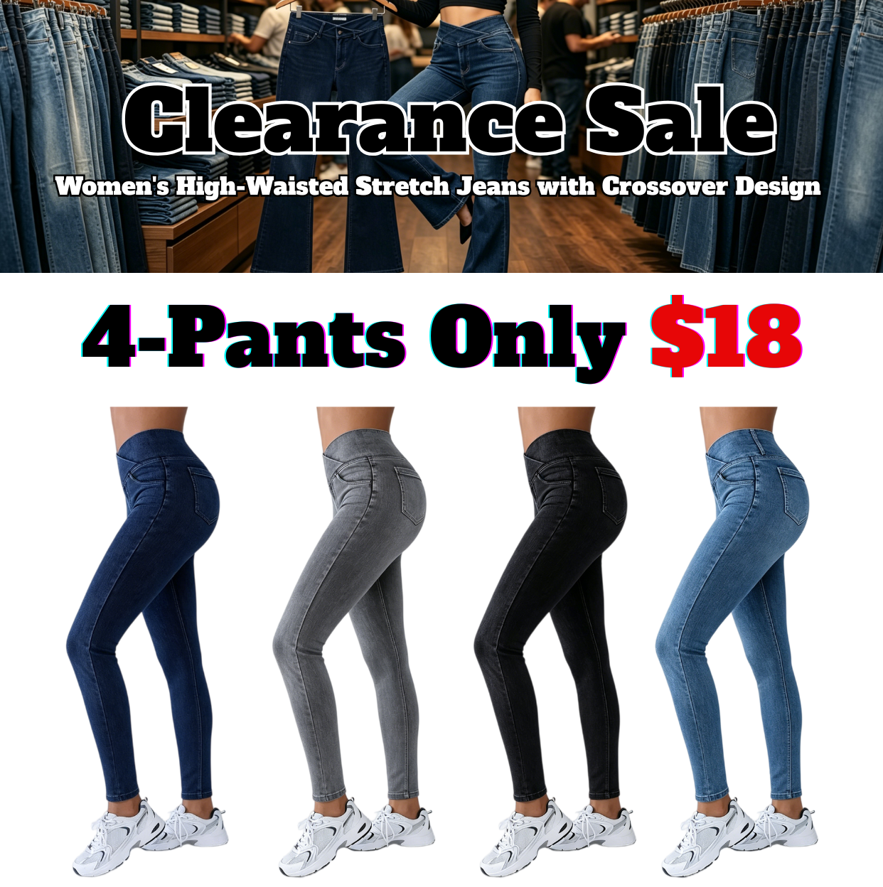 Women's High-Waisted Stretch Jeans with Crossover Design — Slim-Fit Flared Denim Leggings