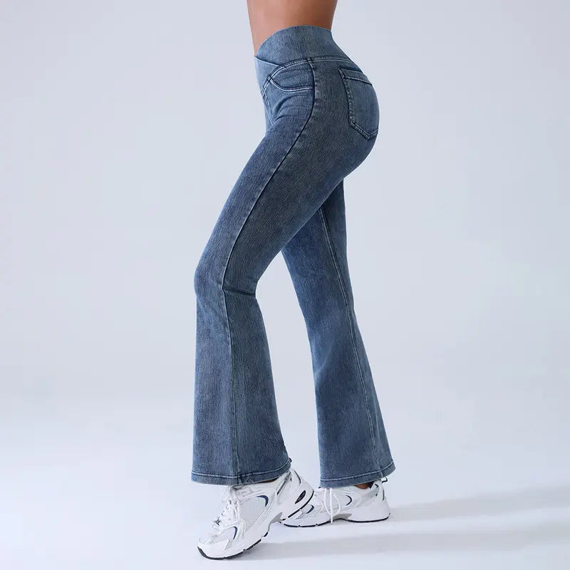 Women's High-Waisted Stretch Jeans with Crossover Design — Slim-Fit Flared Denim Leggings