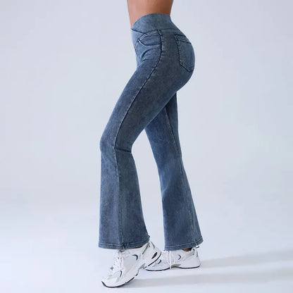 Women's High-Waisted Stretch Jeans with Crossover Design — Slim-Fit Flared Denim Leggings