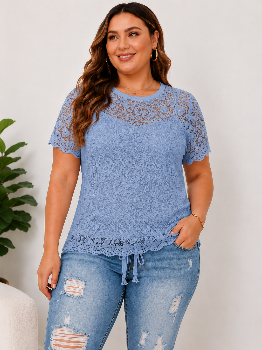 Fashion Distressed Ripped Capri Jeans Plus Size Casual High-Waisted Drawstring Waist Denim Cropped Pants + Lace cutout top