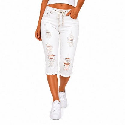 Fashion Distressed Ripped Capri Jeans Plus Size Casual High-Waisted Drawstring Waist Denim Cropped Pants + Lace cutout top