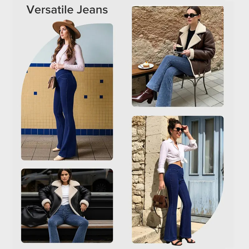 Women's High-Waisted Stretch Jeans with Crossover Design — Slim-Fit Flared Denim Leggings