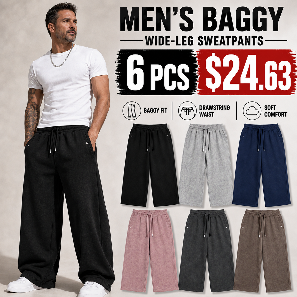 🔥 BEST SELLER | Men’s Baggy Wide-Leg Drawstring Sweatpants