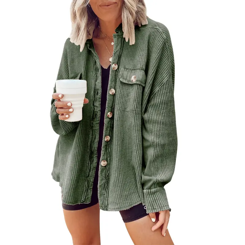 Women's Loose Fit Batwing Sleeve Waffle Knit Button Down Shacket Top