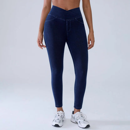 Women's High-Waisted Stretch Jeans with Crossover Design — Slim-Fit Flared Denim Leggings