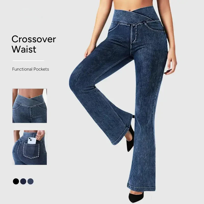 Women's High-Waisted Stretch Jeans with Crossover Design — Slim-Fit Flared Denim Leggings
