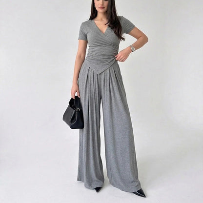 Women's 2-Piece Elegance Set - V-neck wrap top and high-waisted wide-leg trousers set