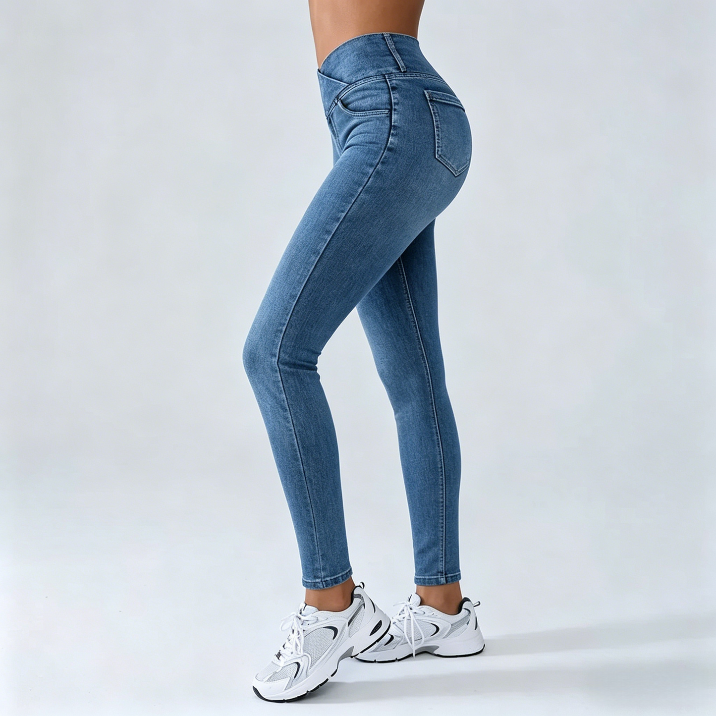 Women's High-Waisted Stretch Jeans with Crossover Design — Slim-Fit Flared Denim Leggings