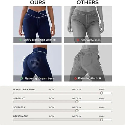 Women's High-Waisted Stretch Jeans with Crossover Design — Slim-Fit Flared Denim Leggings
