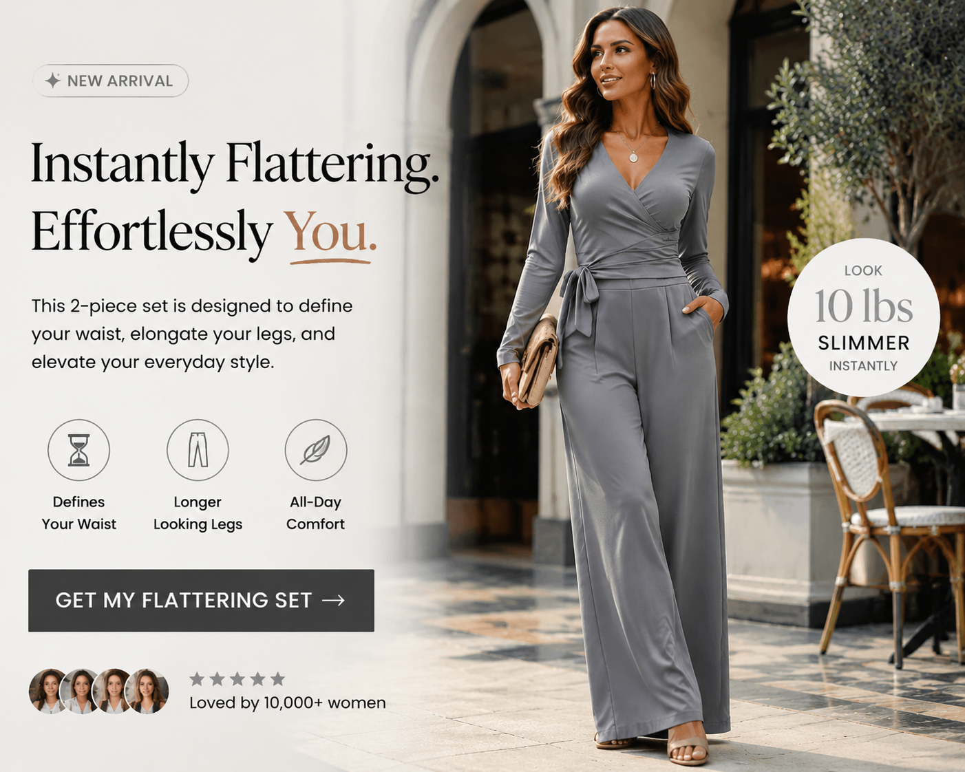 Women's 2-Piece Elegance Set - V-neck wrap top and high-waisted wide-leg trousers set