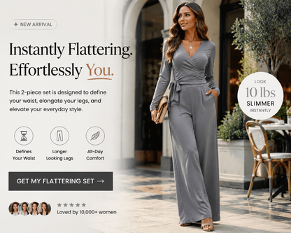 Women's 2-Piece Elegance Set - V-neck wrap top and high-waisted wide-leg trousers set